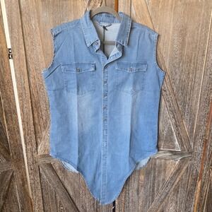 Cowgirl Tuff Shirt Women's Size Large Denim Sleeveless Tie Front Button Up New